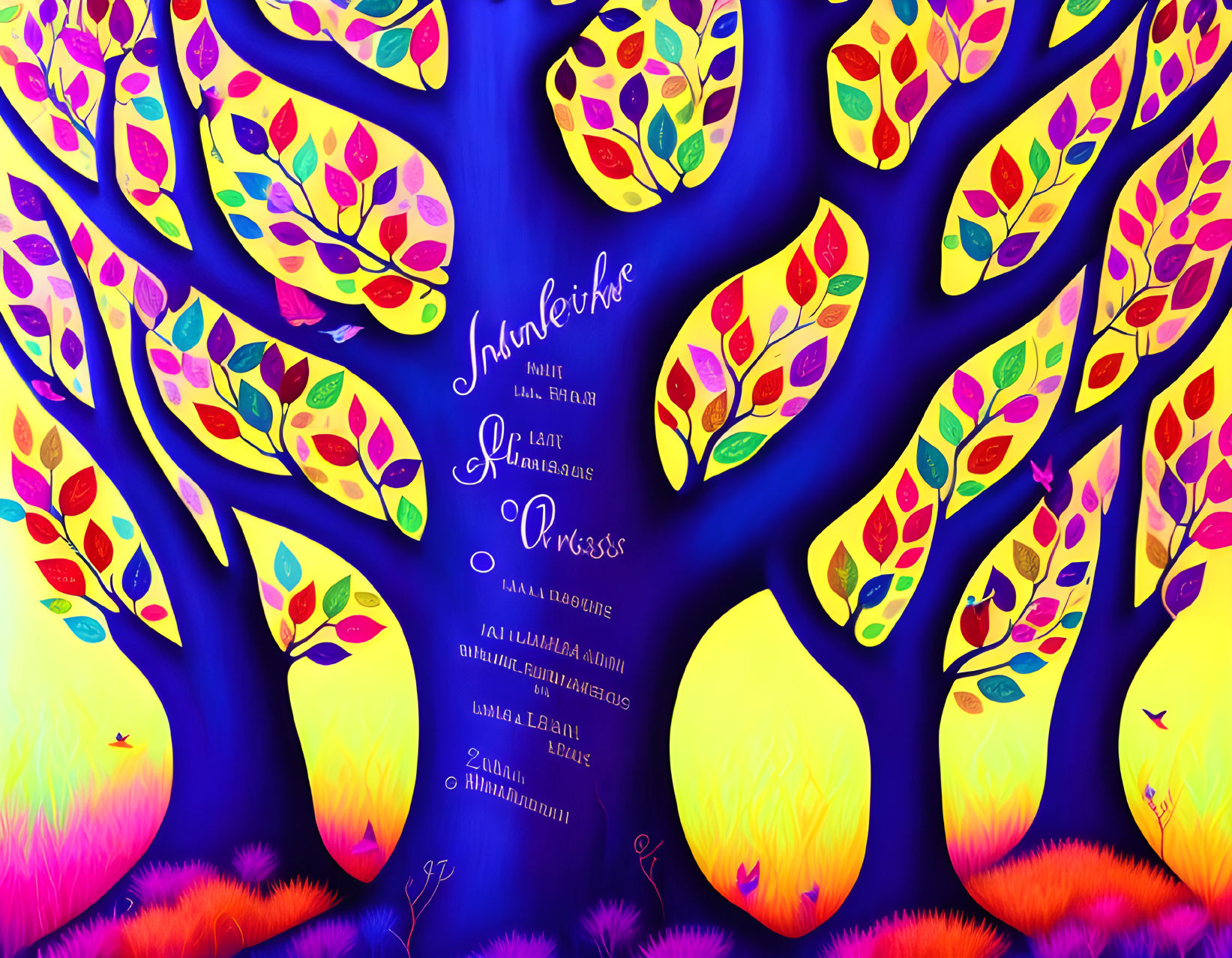 Colorful mythical tree illustration with whimsical creatures and script.