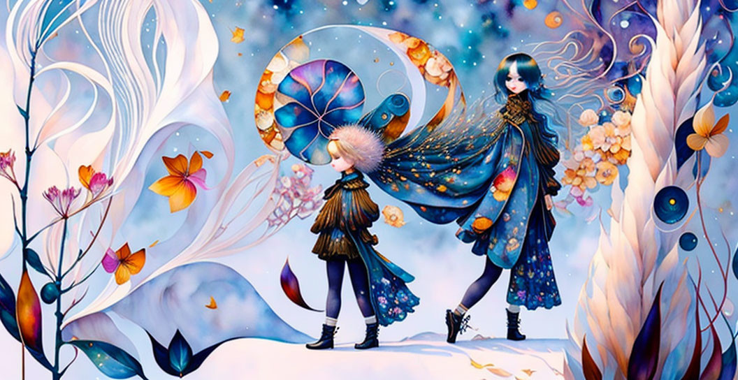 Anime-style characters in starry cloaks explore whimsical fantasy landscape