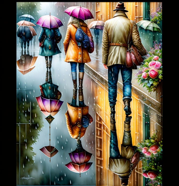 Colorful umbrellas and people walking on wet pavement with vibrant flowers.