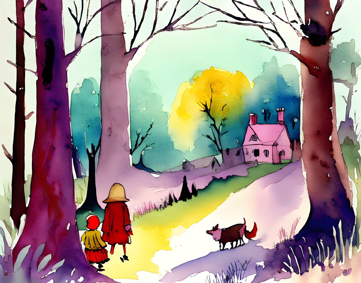 Watercolor illustration of figures, dog, and cottage in vibrant forest