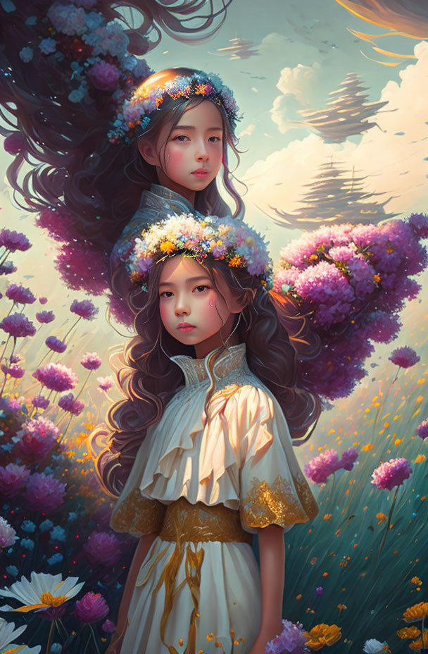 Two girls in floral wreaths in a dreamy, flower-filled landscape