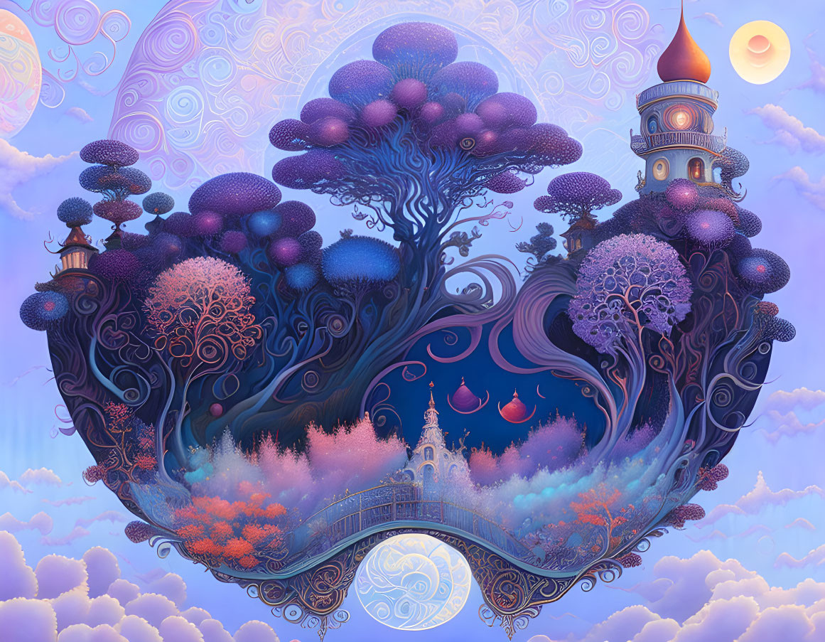 Fantasy landscape with heart-shaped tree and celestial elements