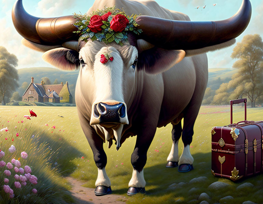 Standing cow with flower wreath and sandals next to a suitcase in pastoral landscape