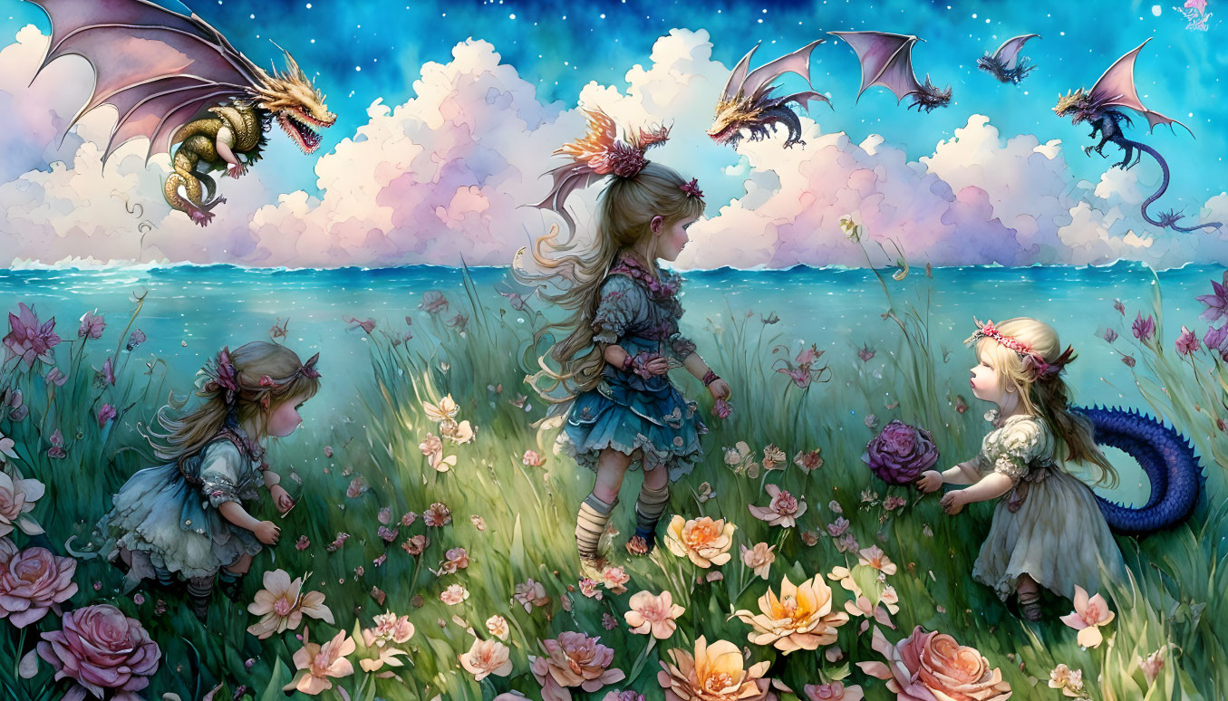 Fantasy artwork: Girl with dragon tail in blooming field with flying dragons and children under dreamy