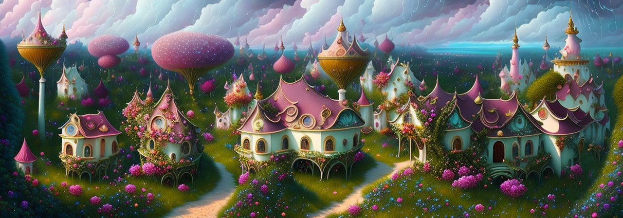 Colorful fairytale houses in whimsical landscape.