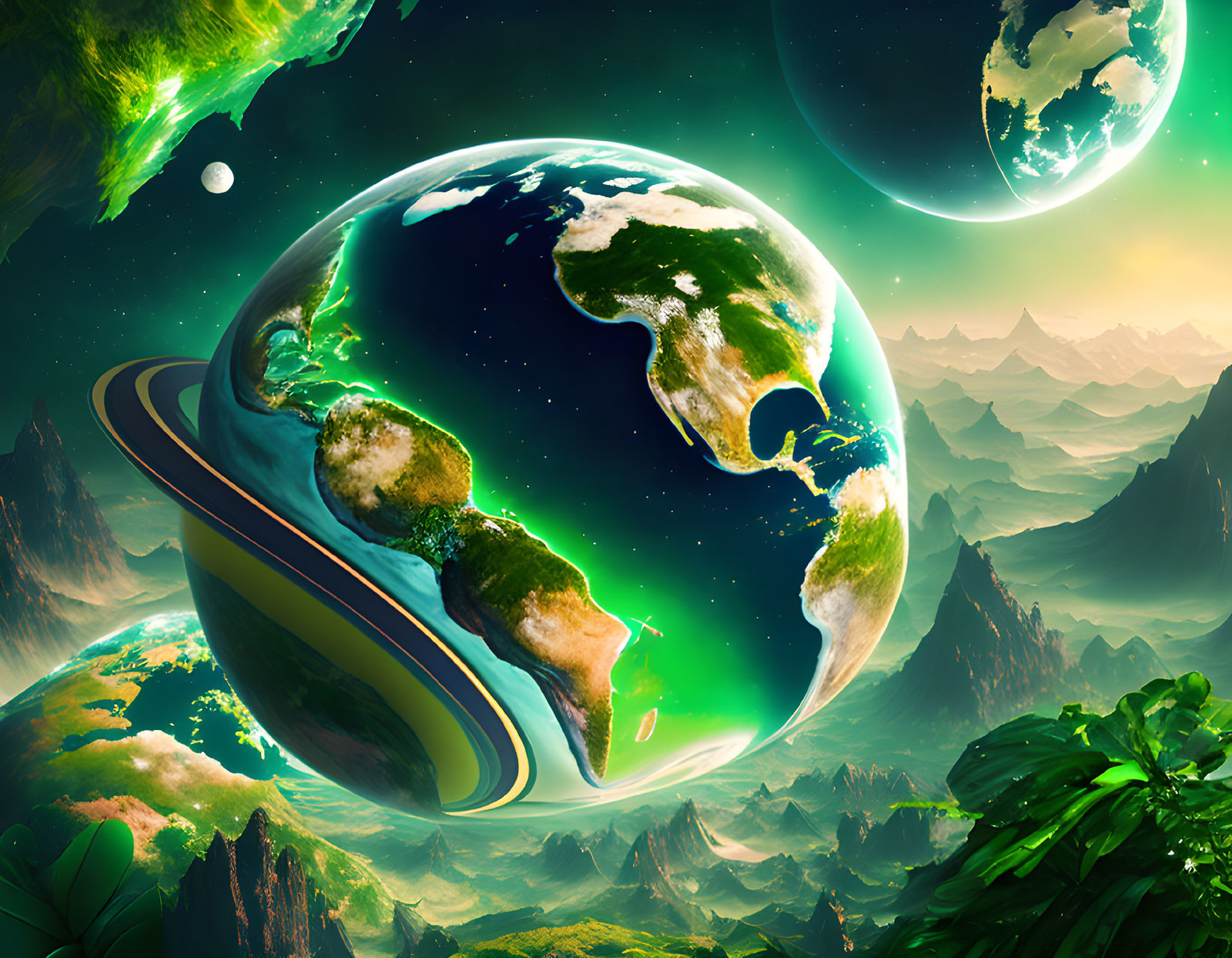 Colorful surreal artwork of Earth with rings, alien landscapes, moons, and starry sky