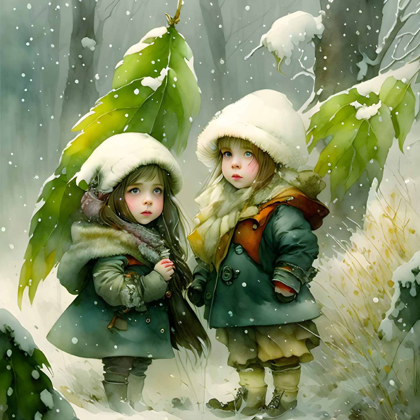 Children in winter clothing standing in snowfall, holding hands