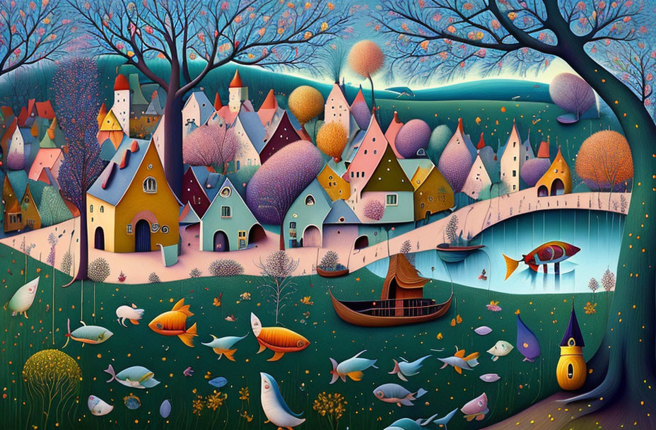 Colorful town art: stylized houses, whimsical trees, river with fish, boat, twilight