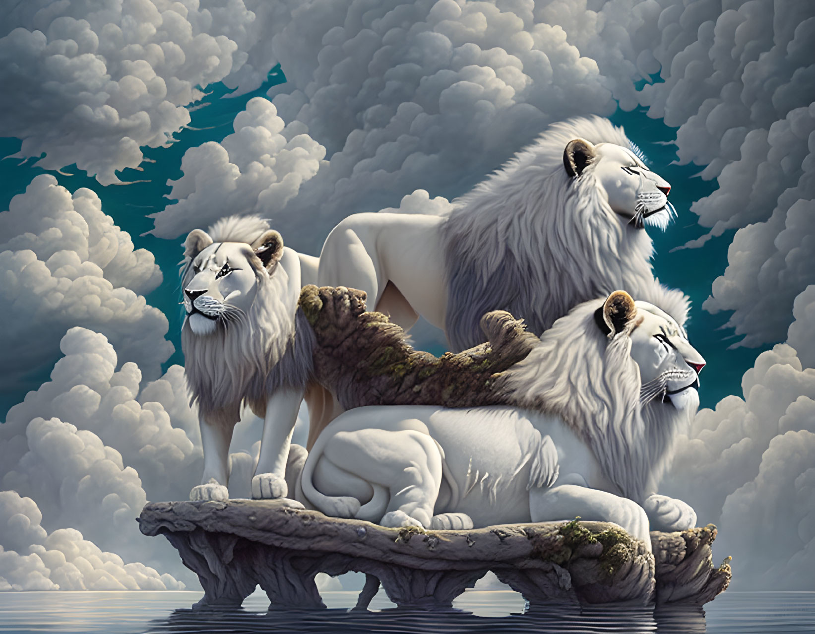 Three white lions on rocky outcrop under voluminous sky