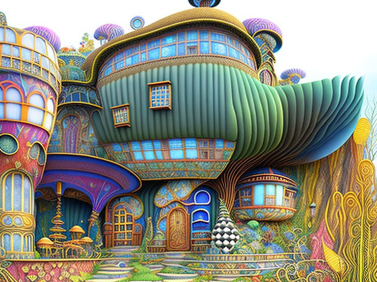 Colorful fantasy mansion illustration with twisted architecture and organic shapes