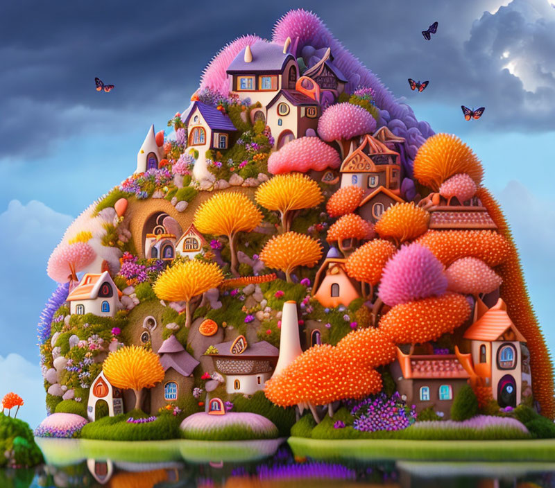 Colorful hilltop village with stylized trees, houses, butterflies, and dreamy sky