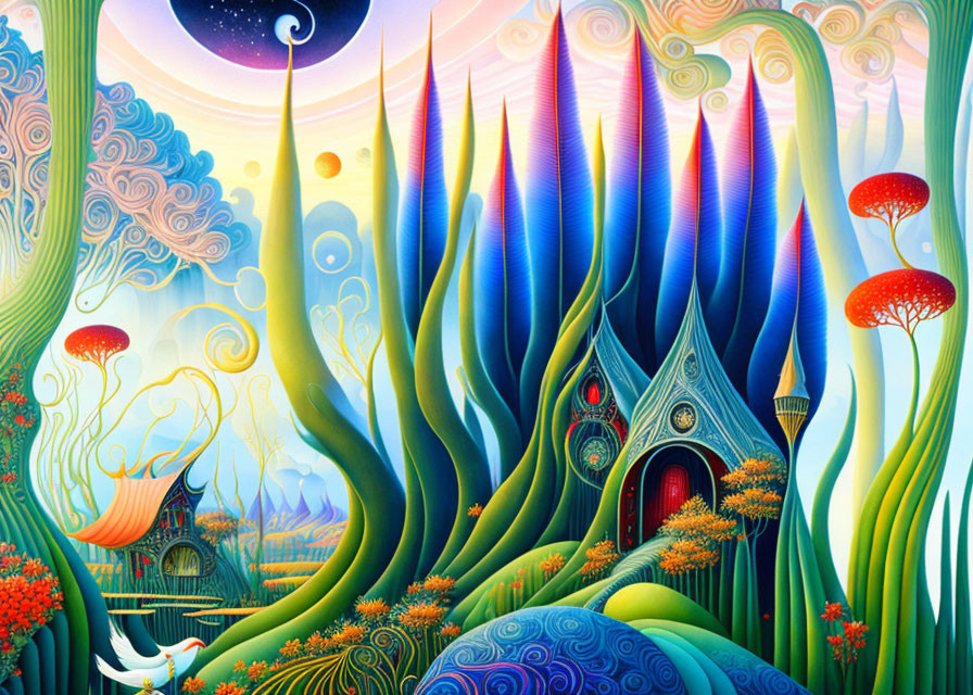 Colorful fantasy landscape with whimsical structures and towering plants