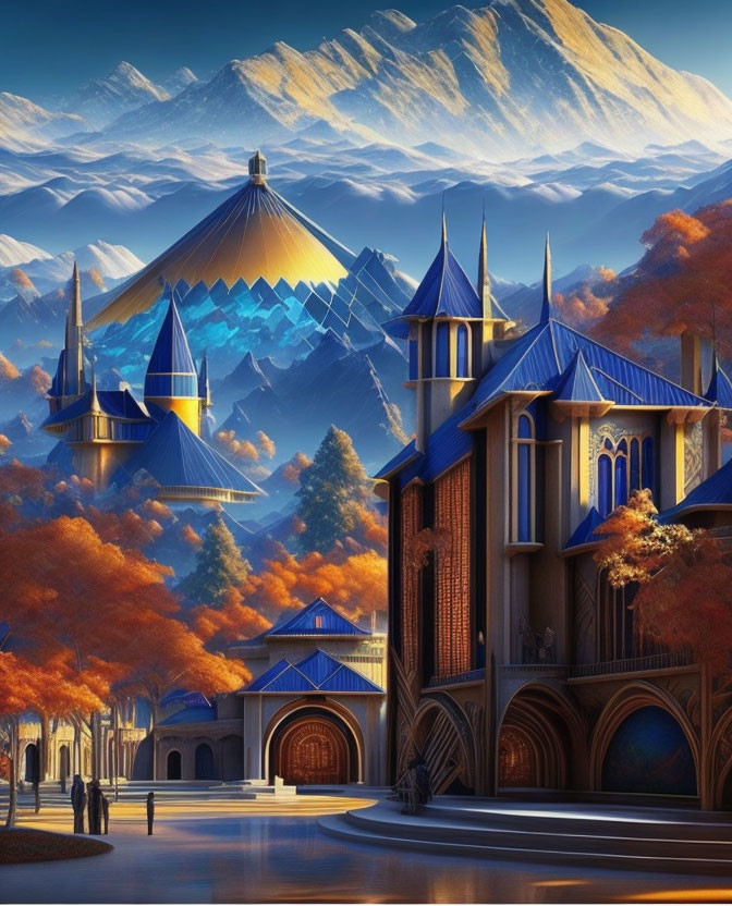 Blue-Spired Fantasy Castle Surrounded by Autumn Trees and Snow-Capped Mountains