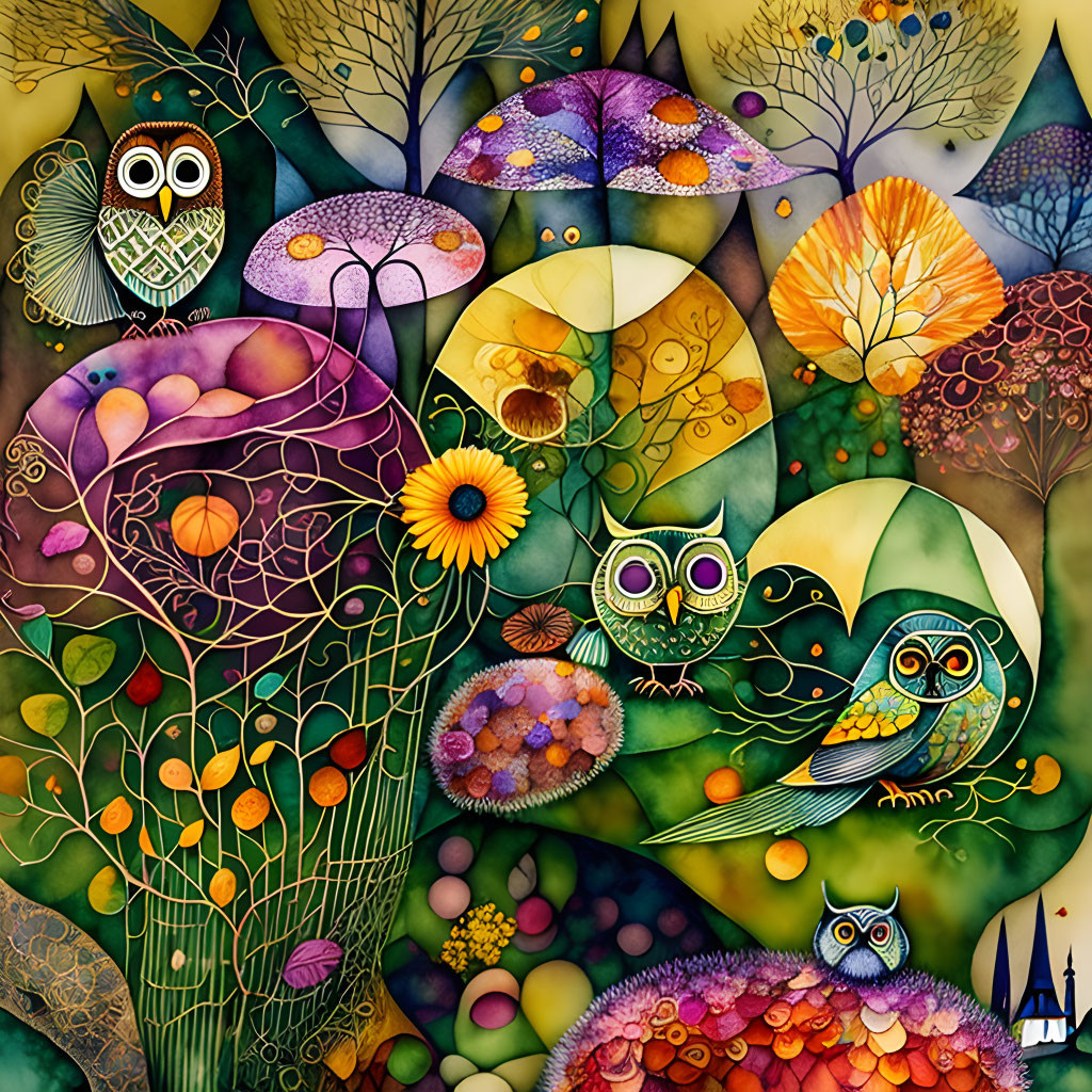 Colorful owl and tree artwork in whimsical forest setting