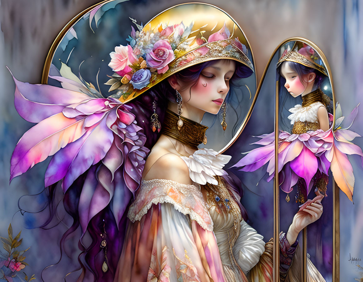 Ethereal artwork of graceful female figure with wings and mirror