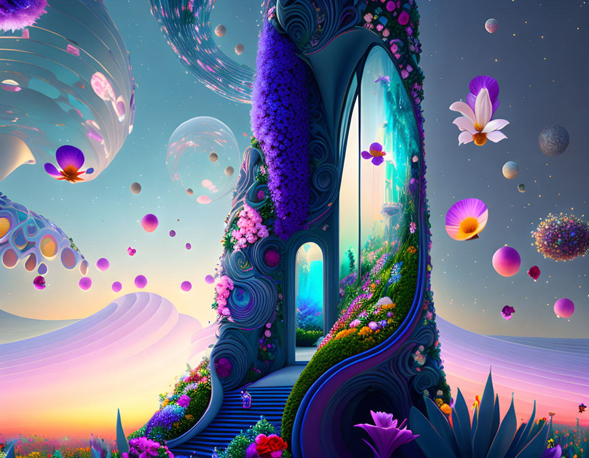 Colorful surreal landscape with floral archway and floating islands