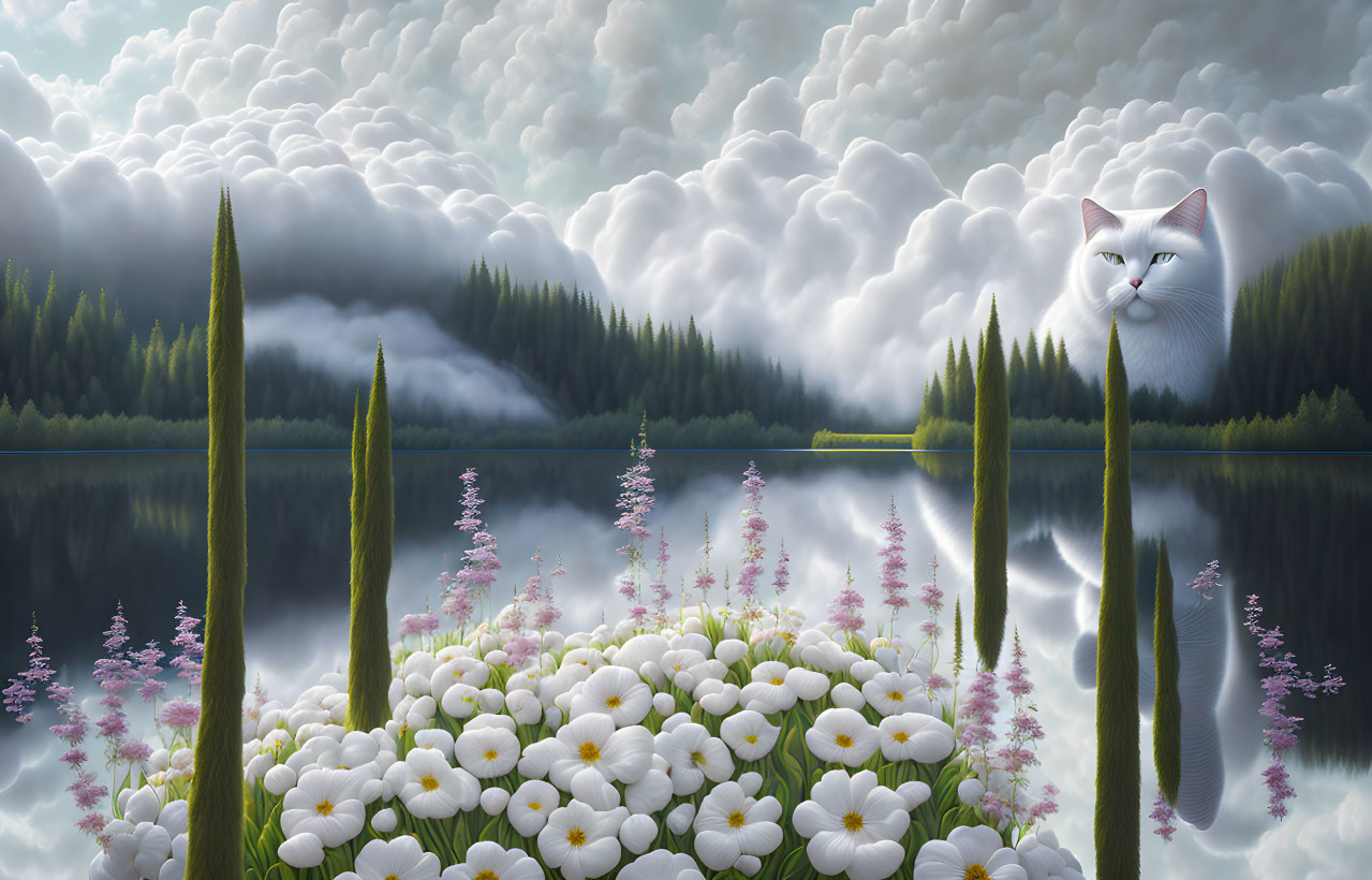 Tranquil lake scene with white flowers, giant cat face in clouds