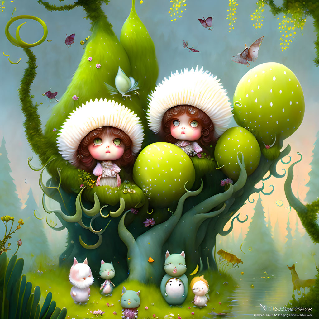 Stylized characters with fruit hats in whimsical forest scene