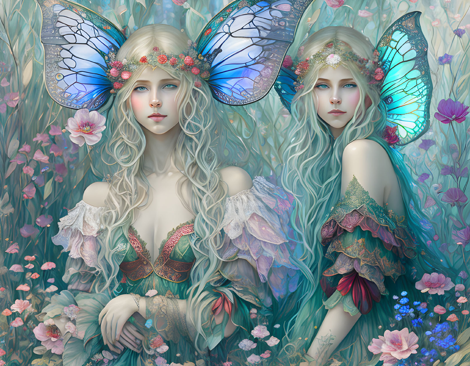 Twin fantasy fairies with butterfly wings in blooming flowers