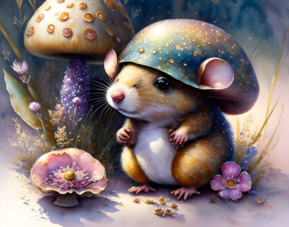 Adorable mouse with mushroom hat in fantasy setting