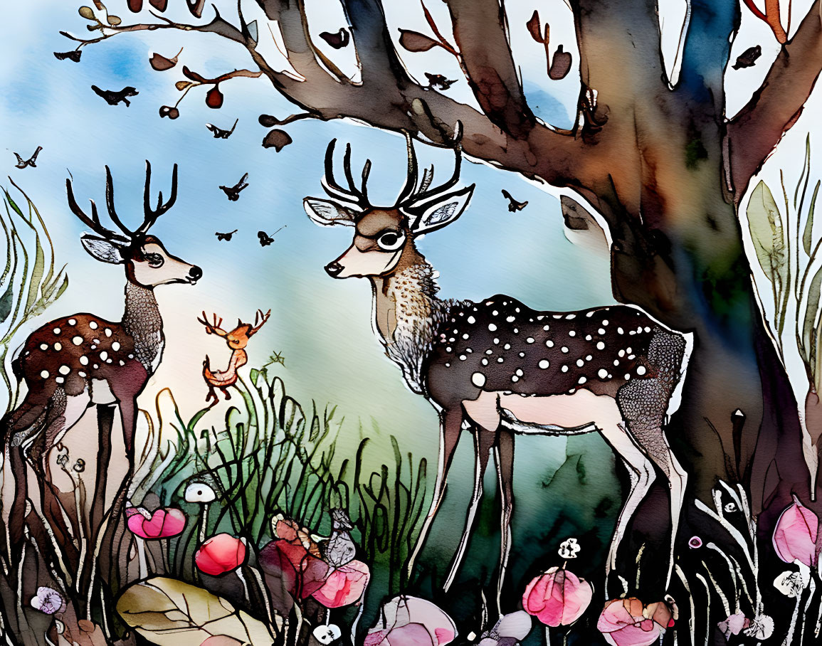 Whimsical forest scene with deer, colorful plants, and birds in watercolor style