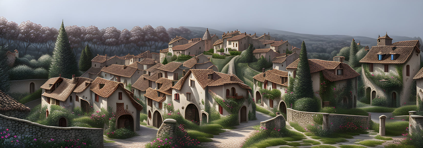 Tranquil village with terracotta-roofed houses in lush green hills