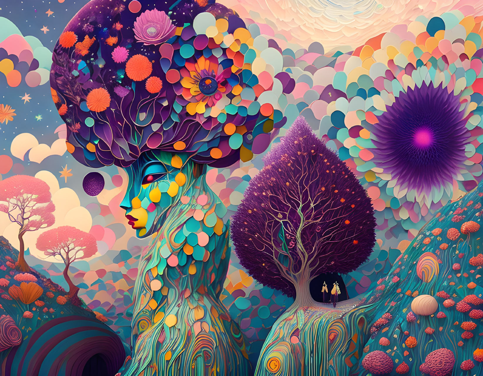 Colorful illustration of figure with floral hair in psychedelic style