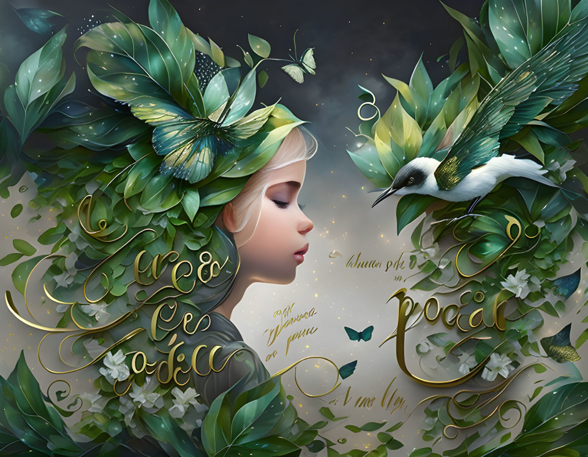 Illustration of girl with butterflies, bird, and Cyrillic script in lush green setting