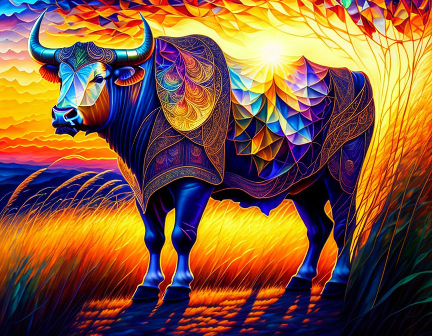 Colorful Stylized Bull Illustration in Golden Field at Sunset