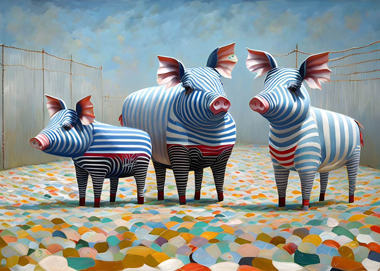 Three whimsically painted pigs with striped patterns on colorful floor of scattered pills under surreal sky