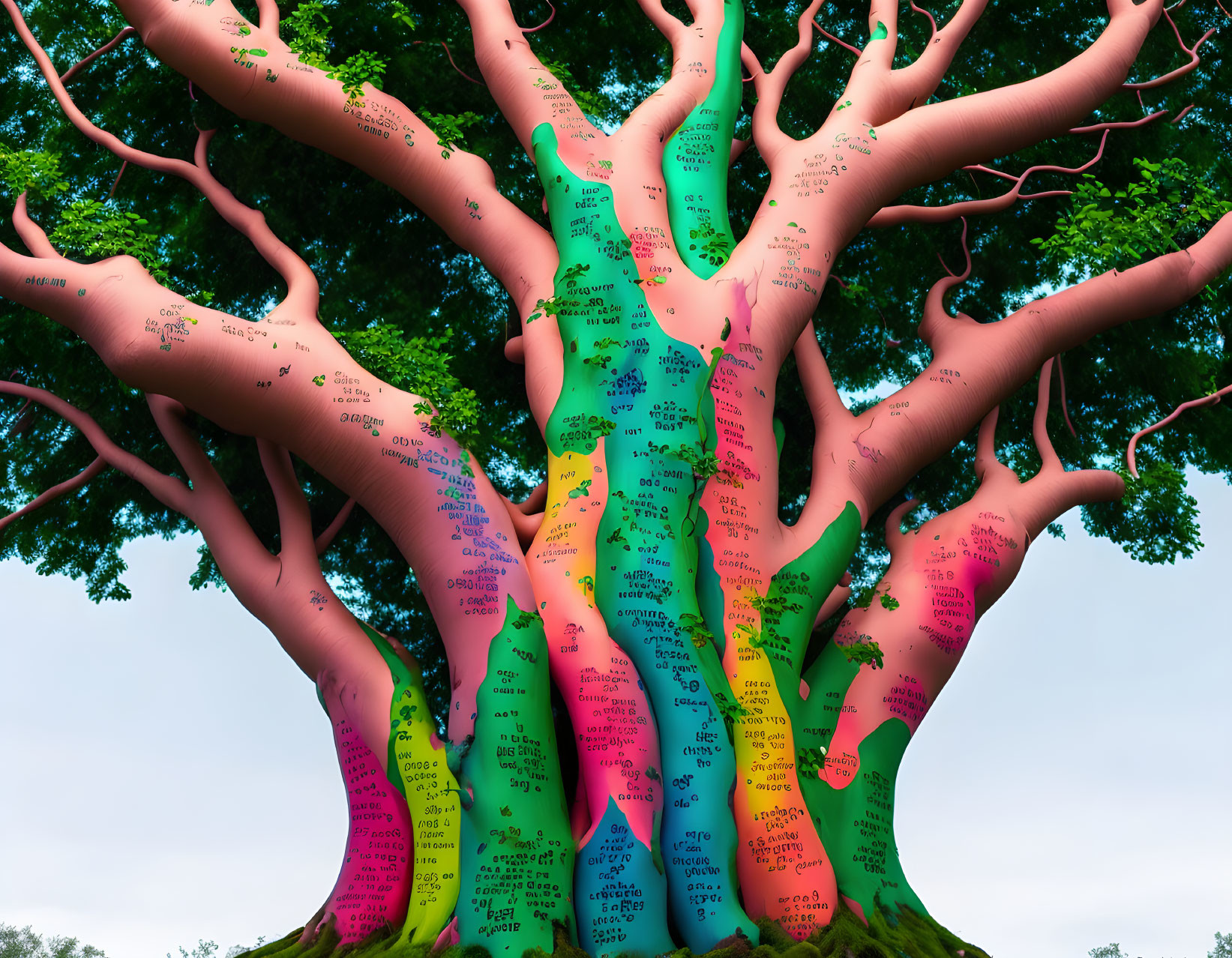 Colorful tree with inscriptions against cloudy sky