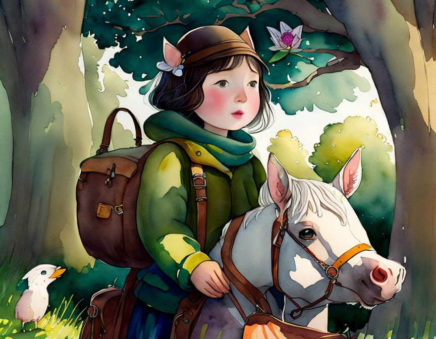 Young traveler with backpack, white horse, and bird in whimsical forest