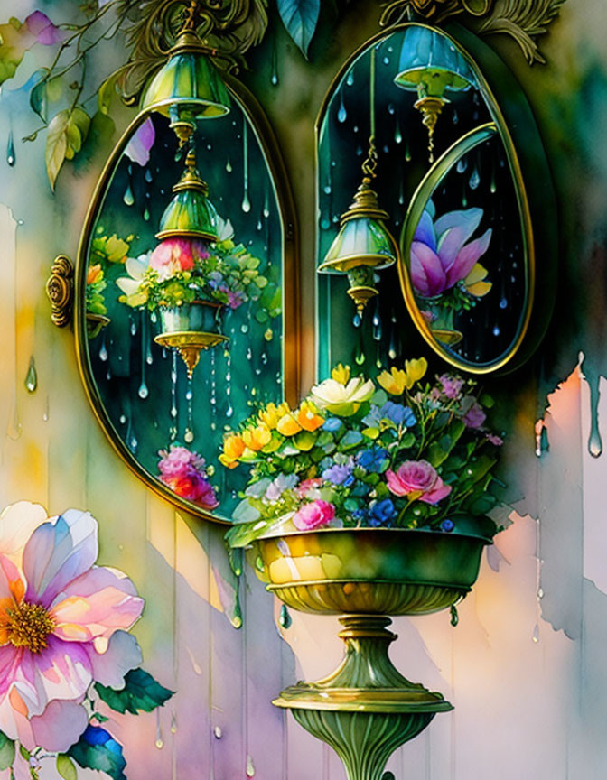 Colorful Flower Adorned Mirror Reflects Surreal Rainy Scene