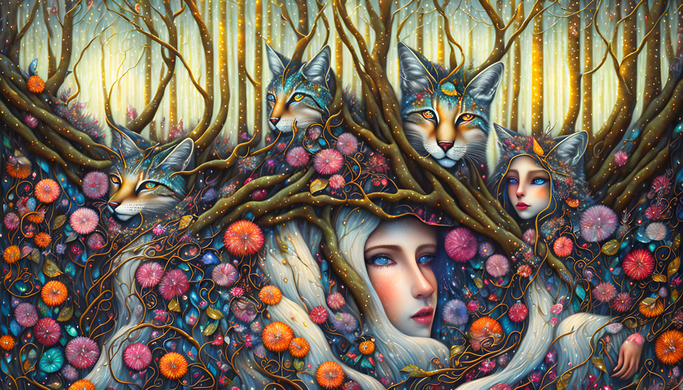 Fantastical forest scene with female feline faces and intricate trees