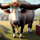 Standing cow with flower wreath and sandals next to a suitcase in pastoral landscape