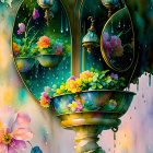 Colorful Flower Adorned Mirror Reflects Surreal Rainy Scene