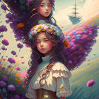 Two girls in floral wreaths in a dreamy, flower-filled landscape