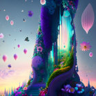 Colorful surreal landscape with floral archway and floating islands