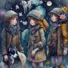 Three Figures in Matching Winter Coats and Hats in Falling Snow