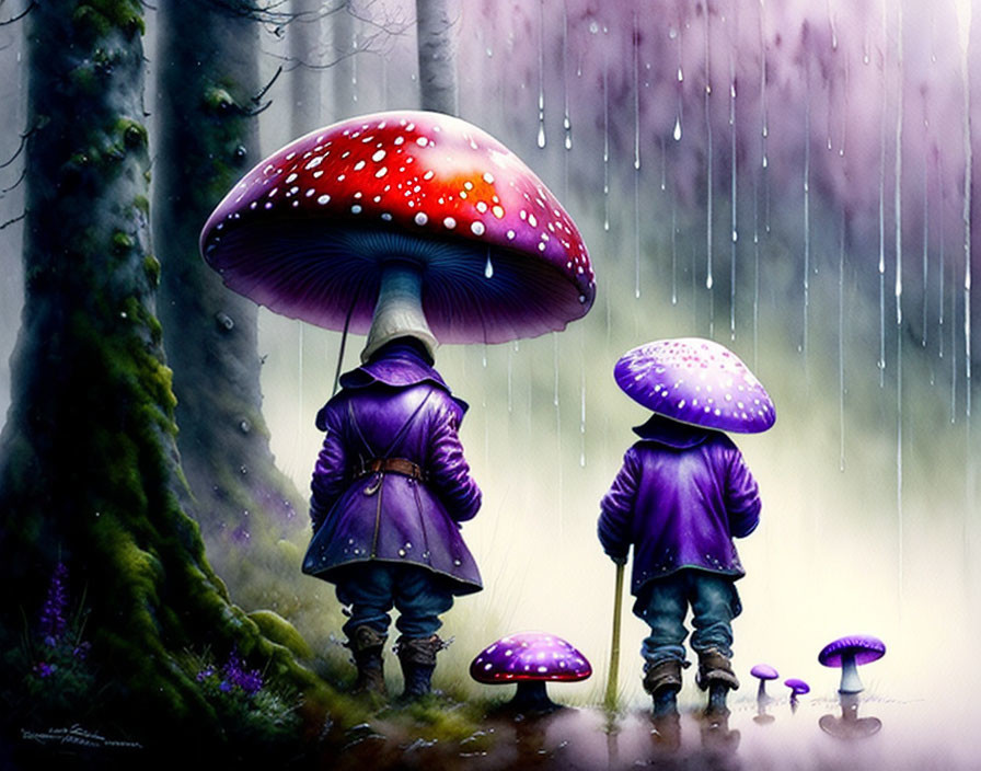 Two figures in purple cloaks under giant mushroom in misty forest