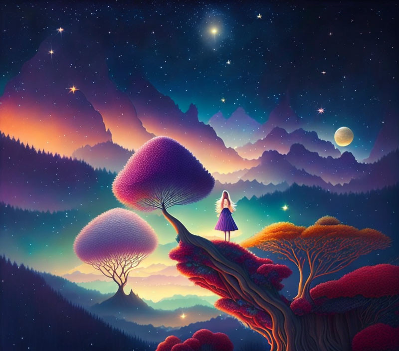 Colorful Night Landscape with Girl on Tree Branch