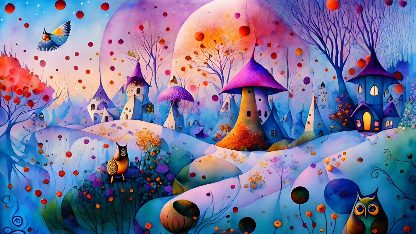 Colorful Mushroom Houses and Whimsical Creatures in Fantasy Landscape