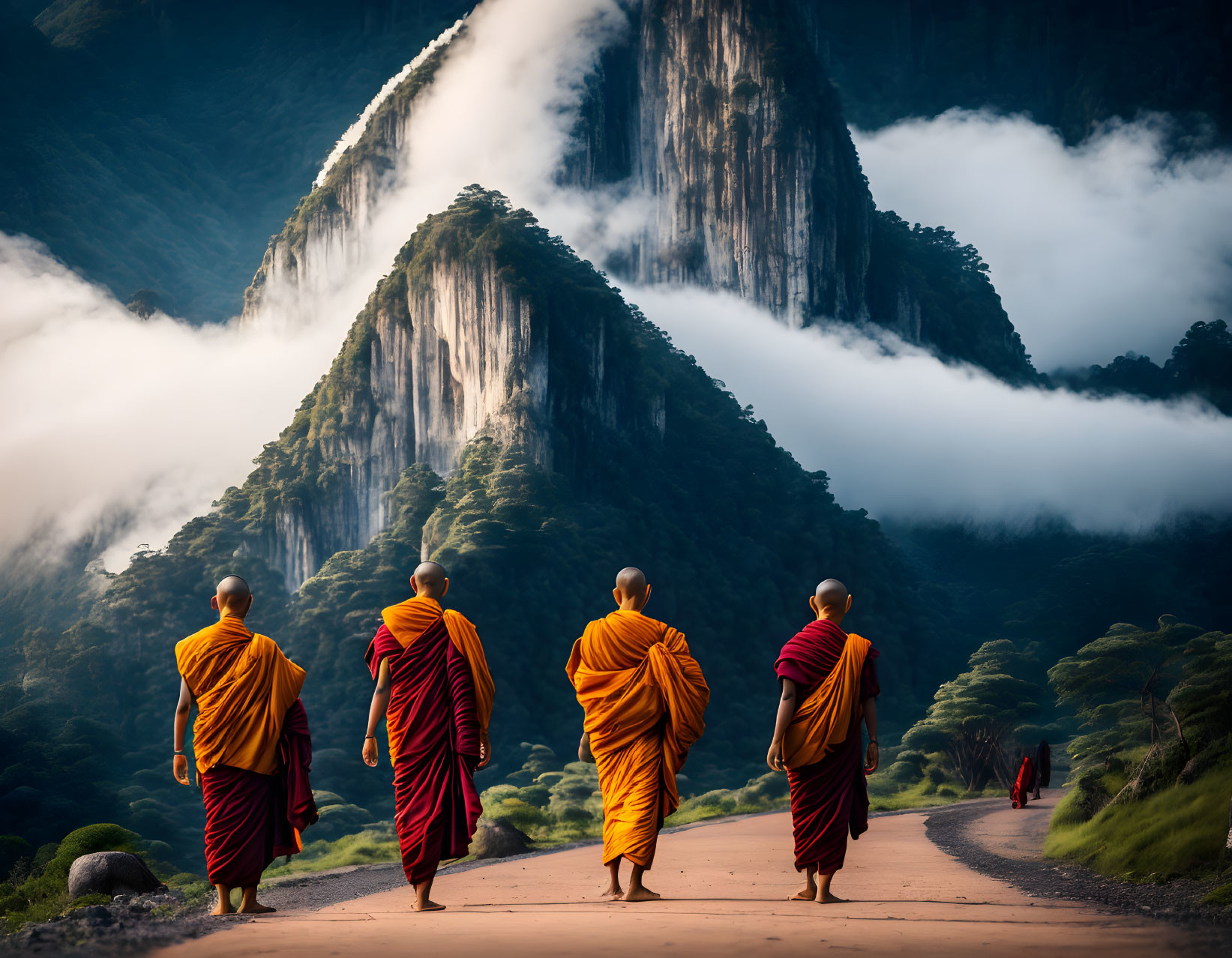 Monks in orange robes walking towards misty mountains