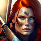 Vivid Red Hair Woman in Silver Fantasy Armor