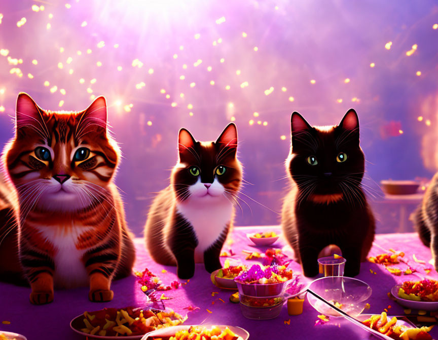 Animated cats at vibrant feast under glowing lights