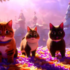 Animated cats at vibrant feast under glowing lights