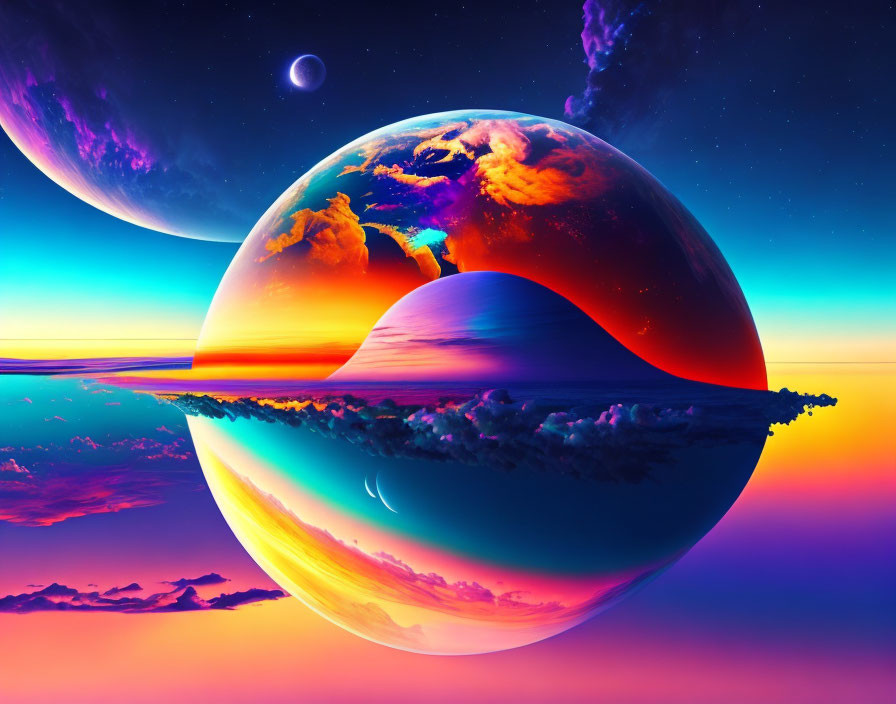 Colorful sci-fi landscape with planets above ocean