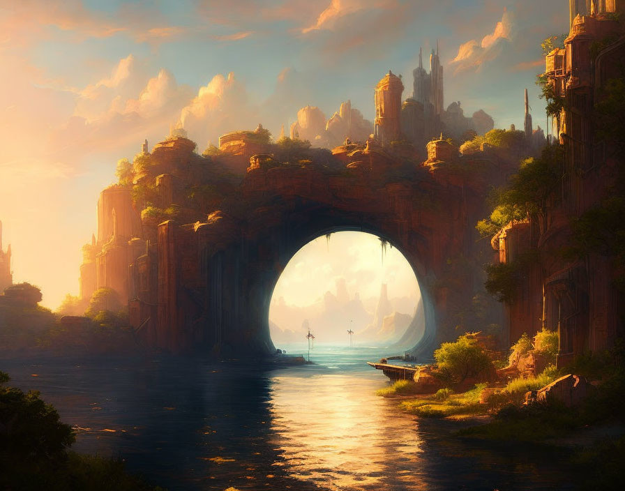 Fantasy landscape with river, rock archway, cliffs, and ancient structures