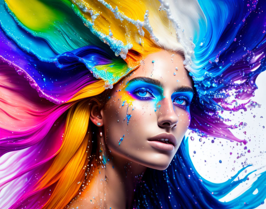 Colorful portrait of a woman with rainbow-hued paint splashes mimicking water