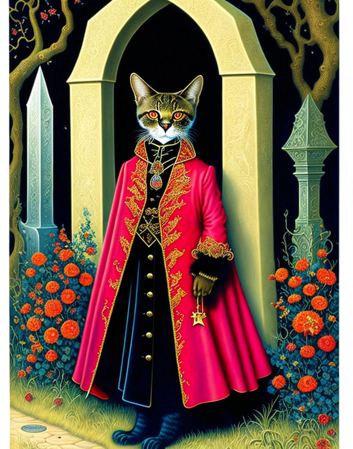 Regal anthropomorphic cat in red cloak with gold details in whimsical garden.